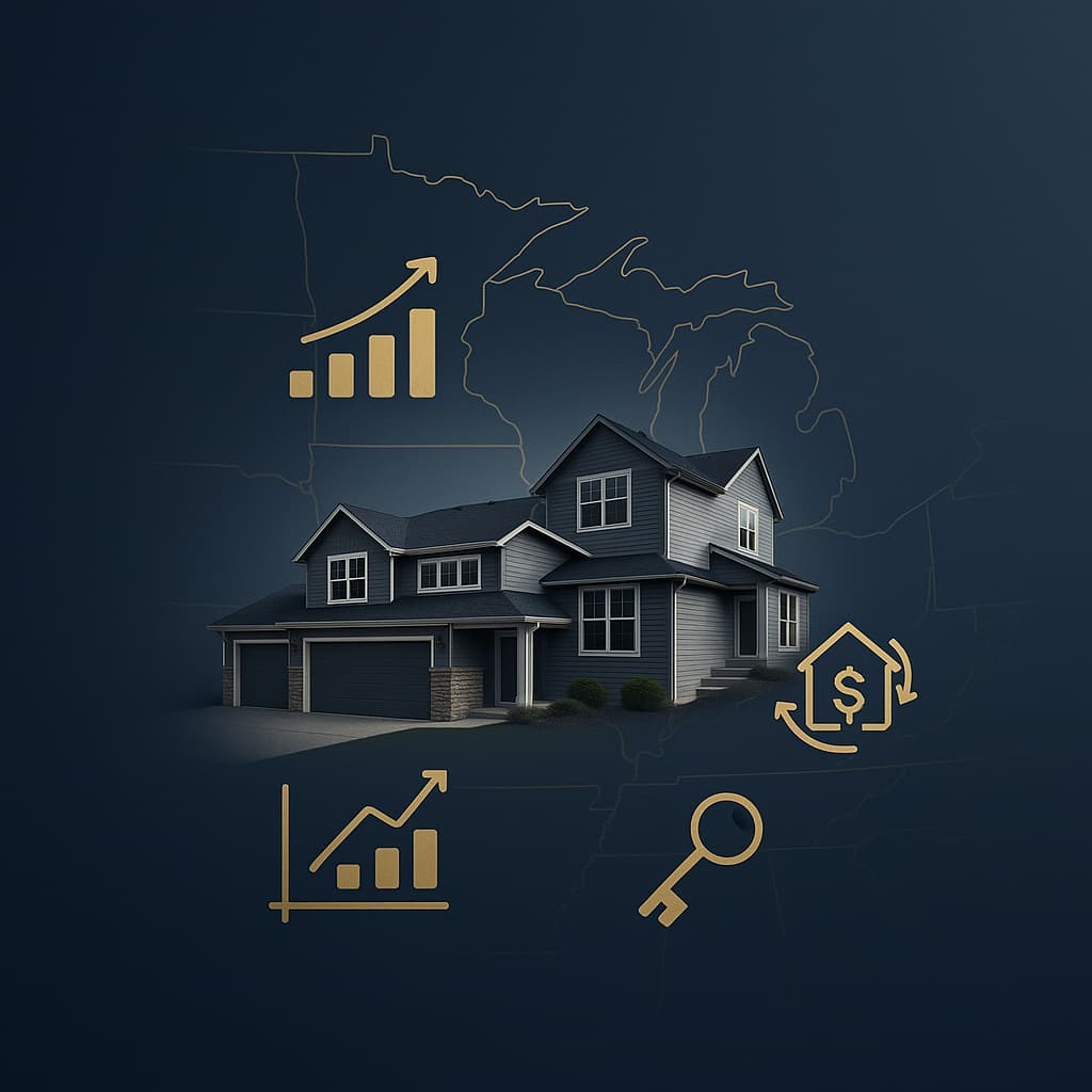 Clean square graphic showing a stylized Midwest map blended with residential homes and subtle finance icons, in navy and charcoal tones with gold accents.