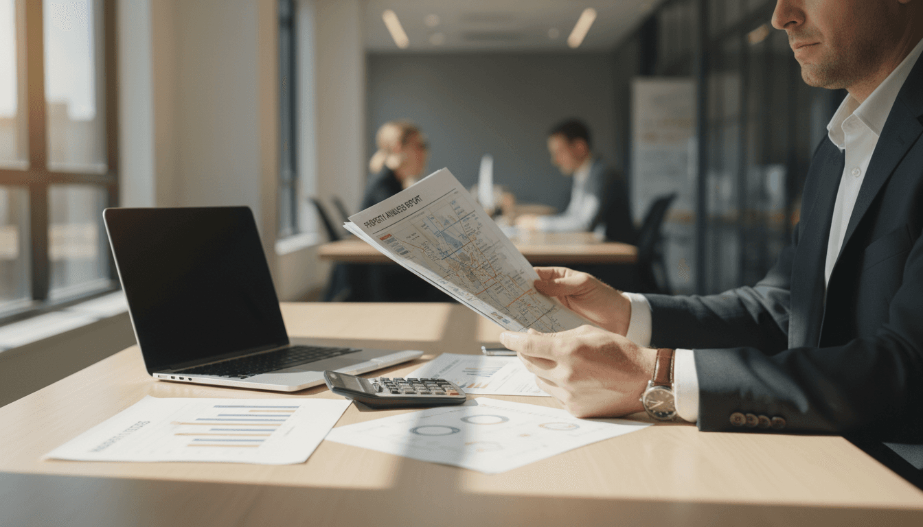 Real estate investment consultant reviewing property analysis documents