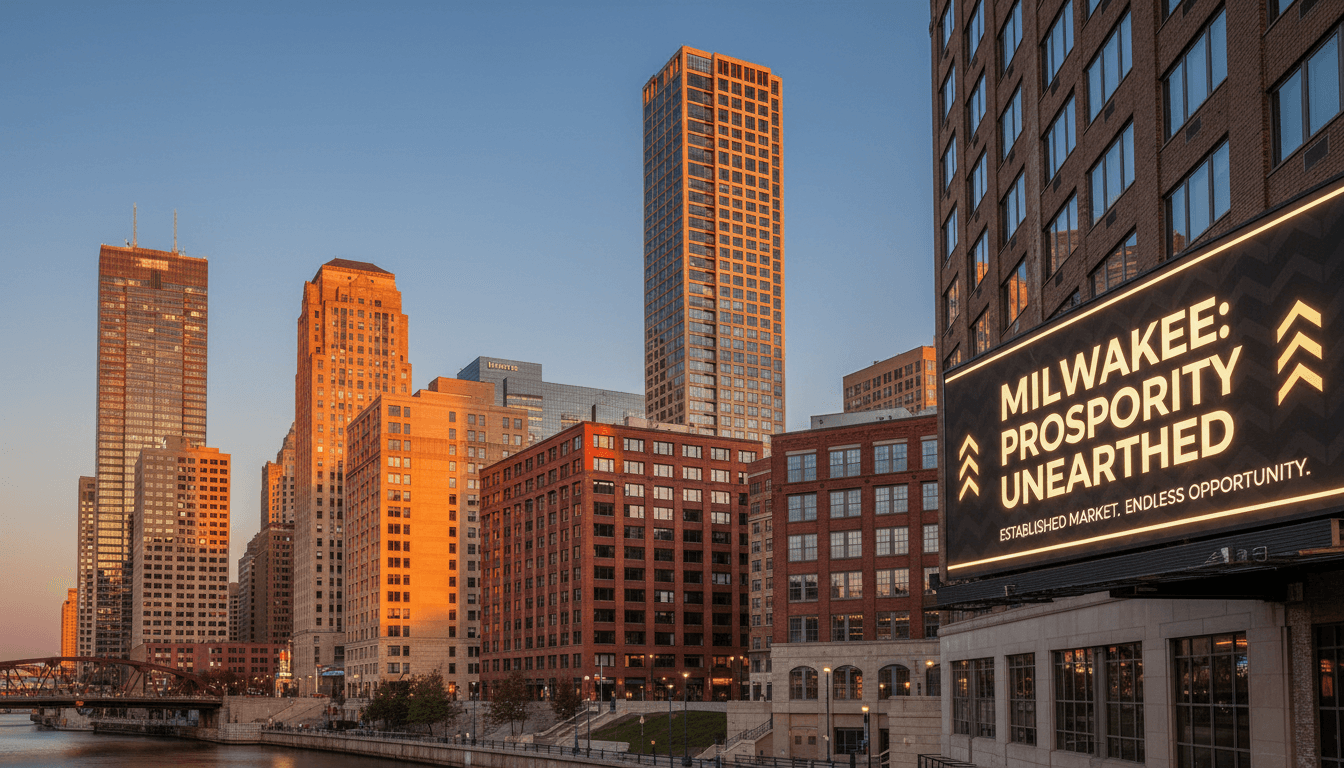 Milwaukee downtown skyline at golden hour with warm lighting