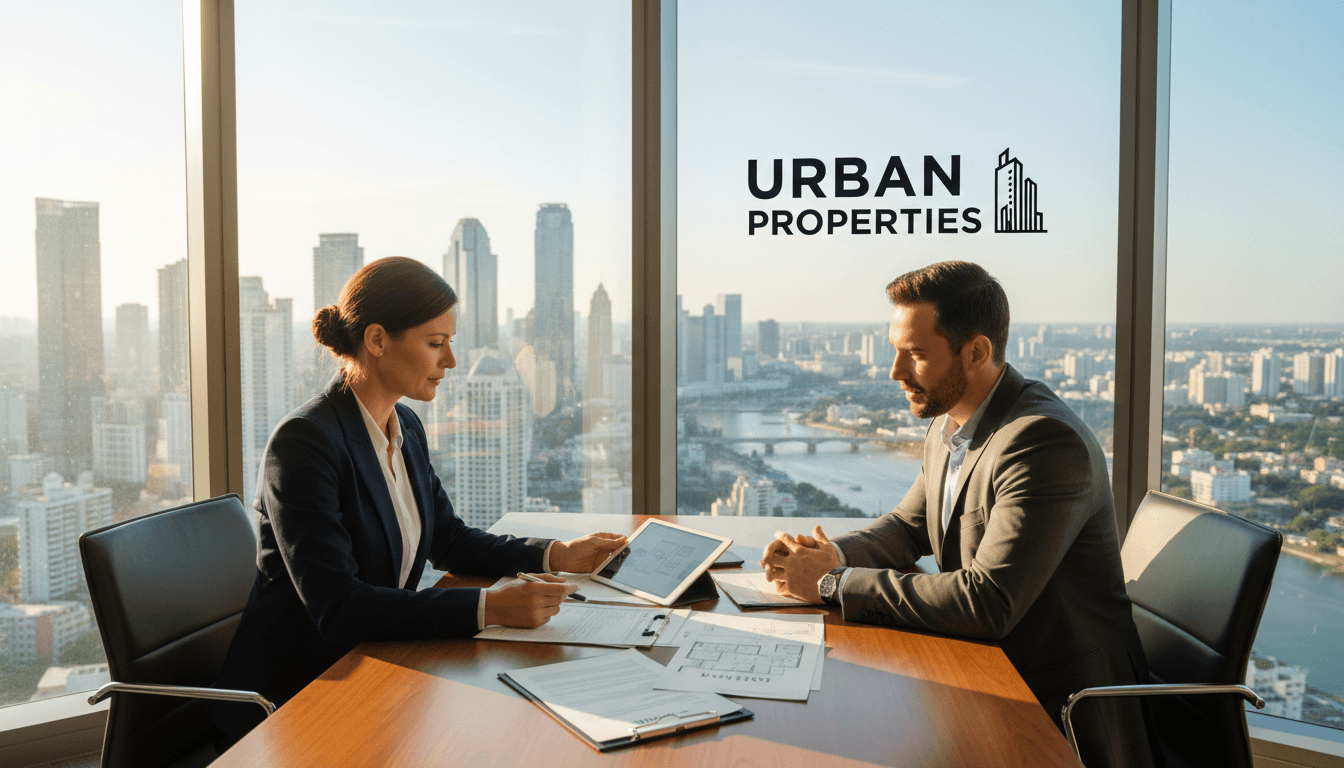 Professional real estate consultant reviewing property documents with city skyline view