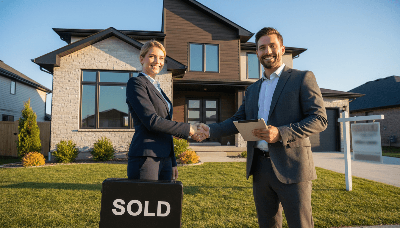Two professionals shaking hands in front of a home