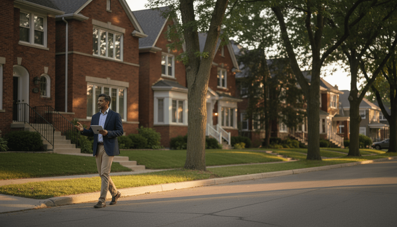 Real estate consultant reviewing properties in a stable Milwaukee neighborhood