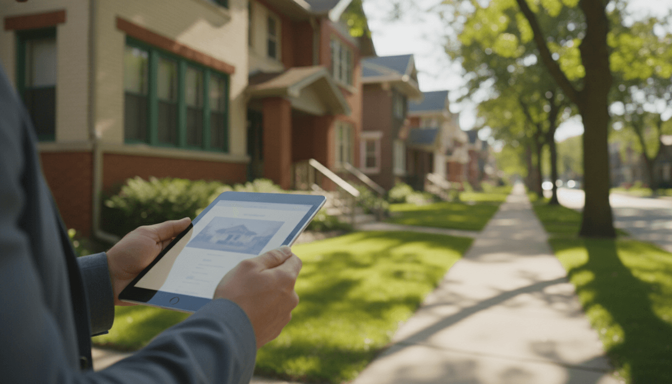 Real estate consultant reviewing property details on a tablet outside a brick duplex in Milwaukee