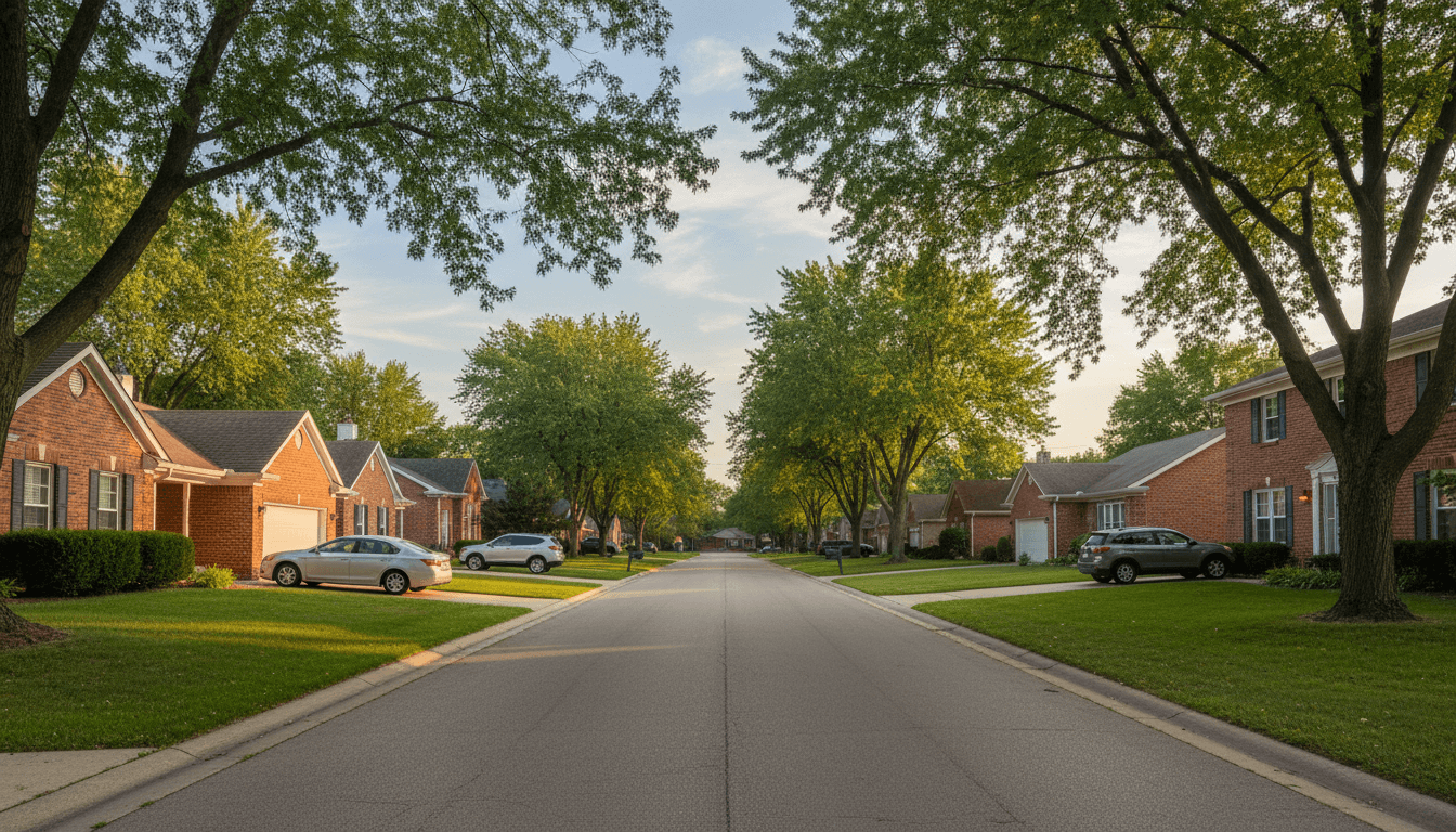 Row of residential homes in a quiet Milwaukee neighborhood during golden hour