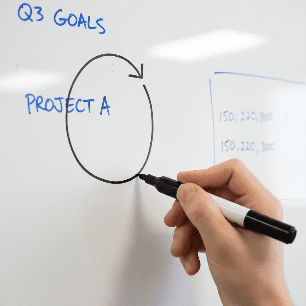 Drawing an exit strategy diagram on a whiteboard
