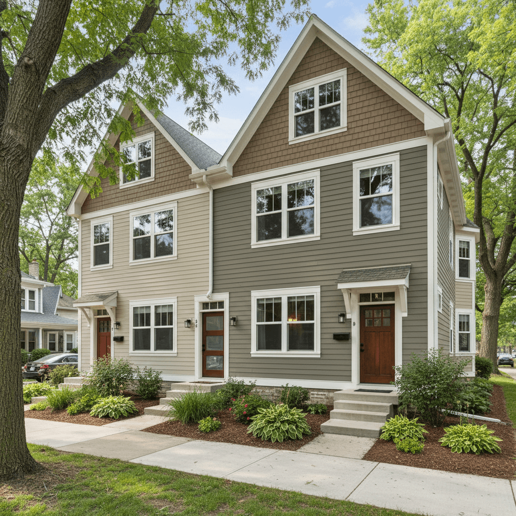 A fresh, inviting lifestyle aesthetic wide shot of a three-unit multi-family residential building in a stable Milwaukee neighborhood
