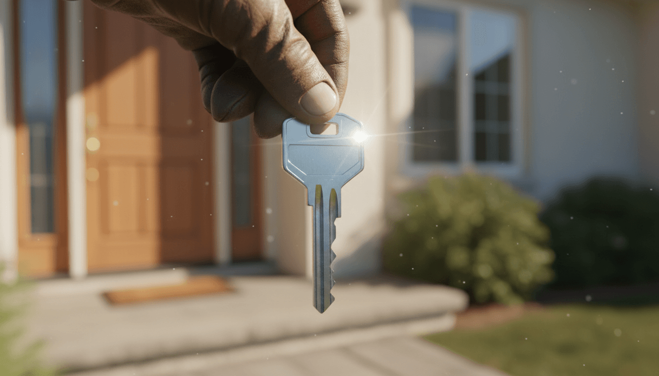 Key held in front of a suburban house facade