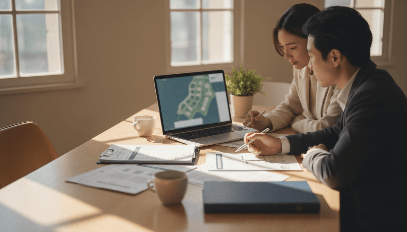 Investment consultant reviewing property data with a client at a well-lit desk
