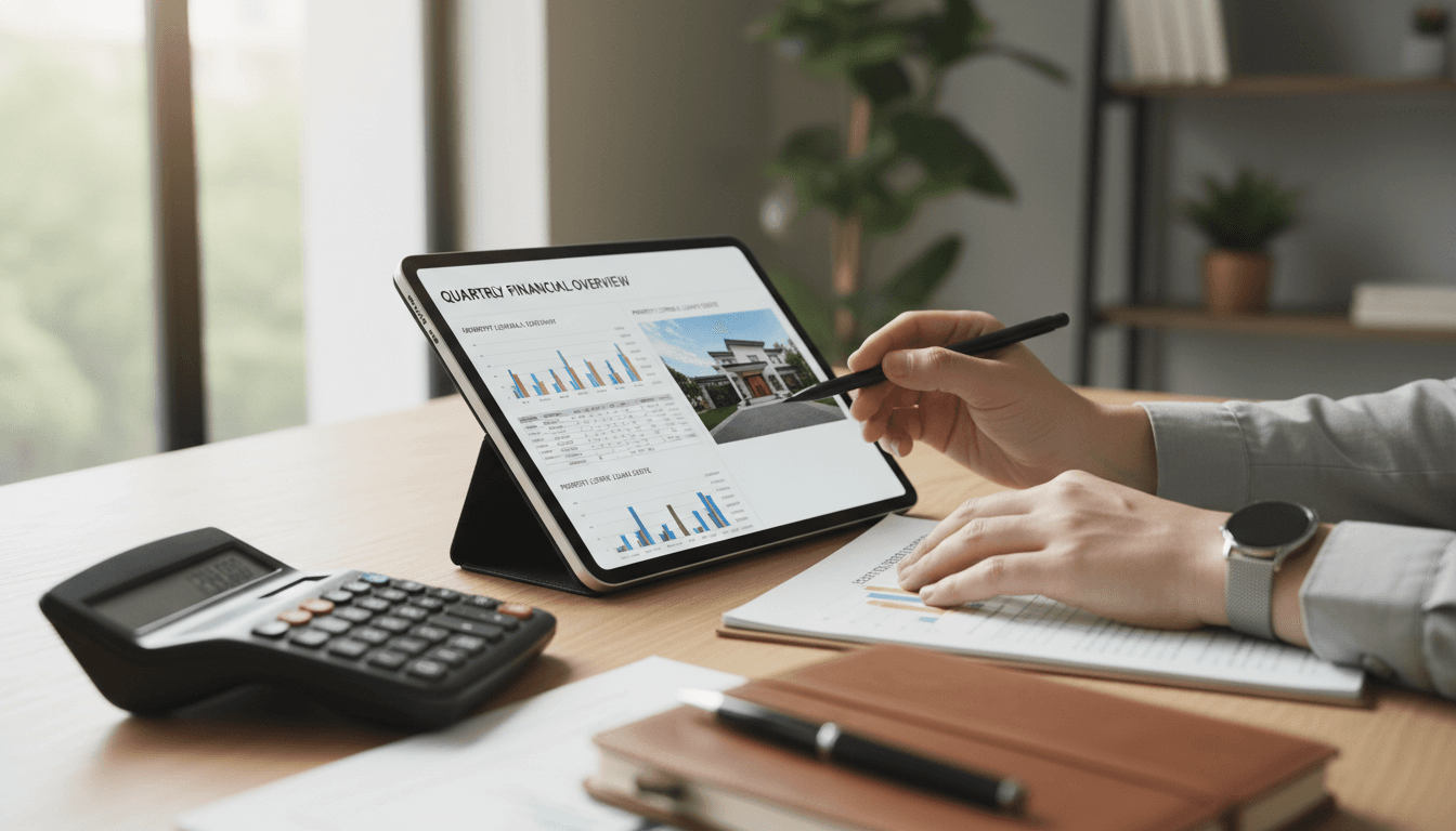 Consultant reviewing a property financial report on a tablet