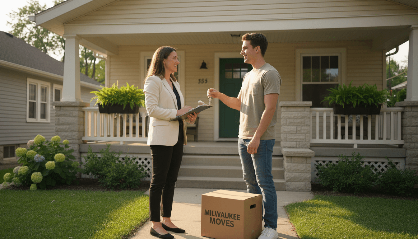 Property manager handing house keys to a tenant on the porch of a renovated bungalow