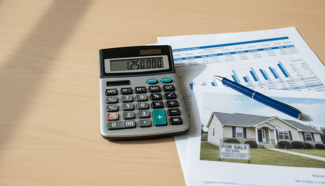 Overhead view of financial spreadsheets, calculator, and a property listing photo on a desk