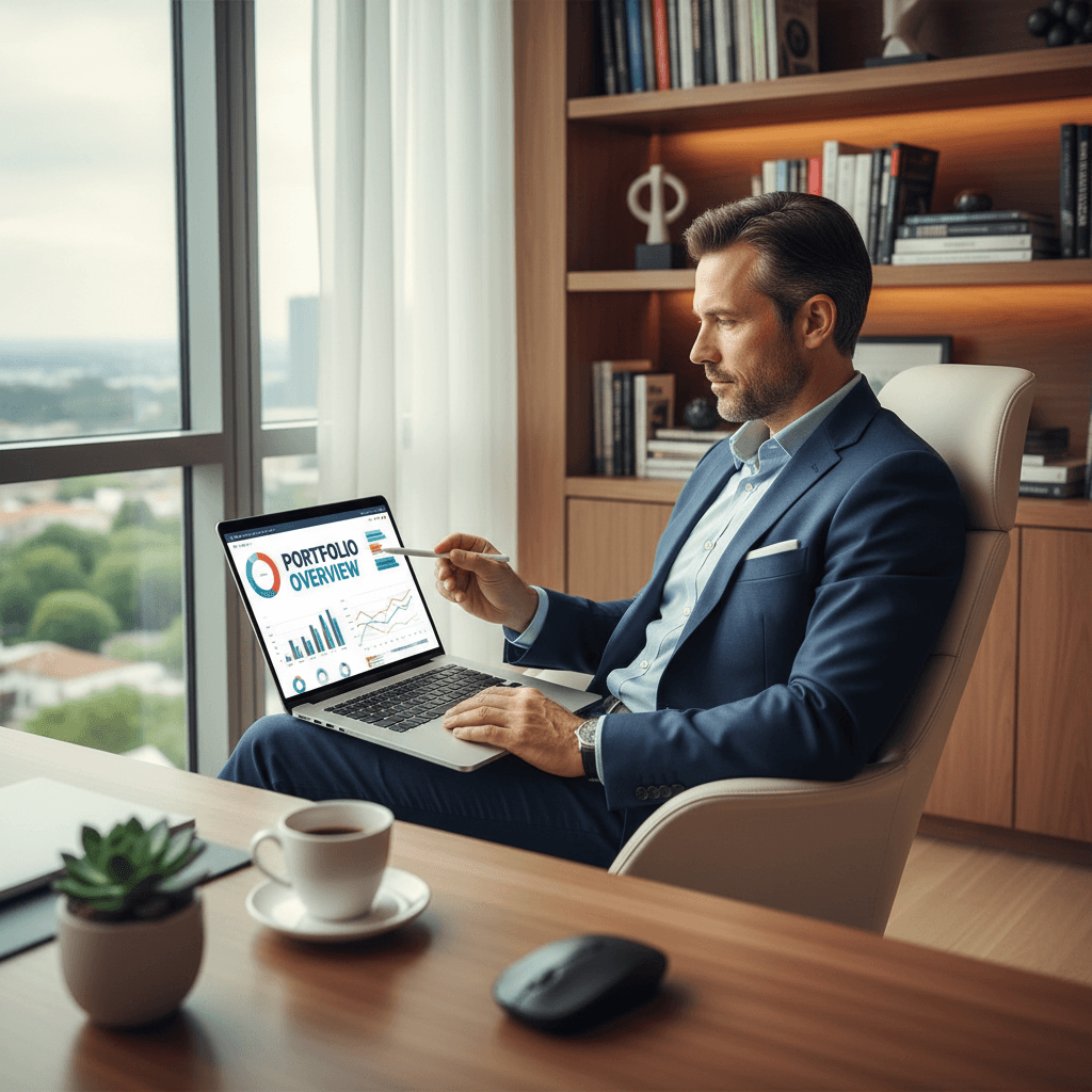 investor reviewing a property portfolio report on a laptop