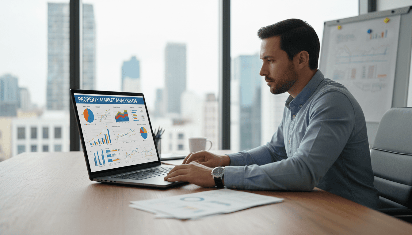 real estate analyst reviewing property data on laptop with charts and graphs