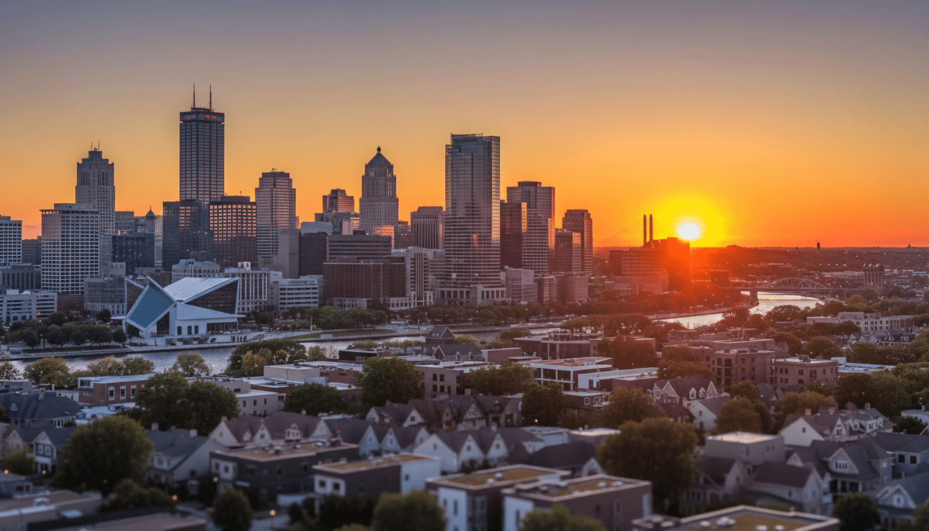 Milwaukee skyline at sunset with residential neighborhood in background.