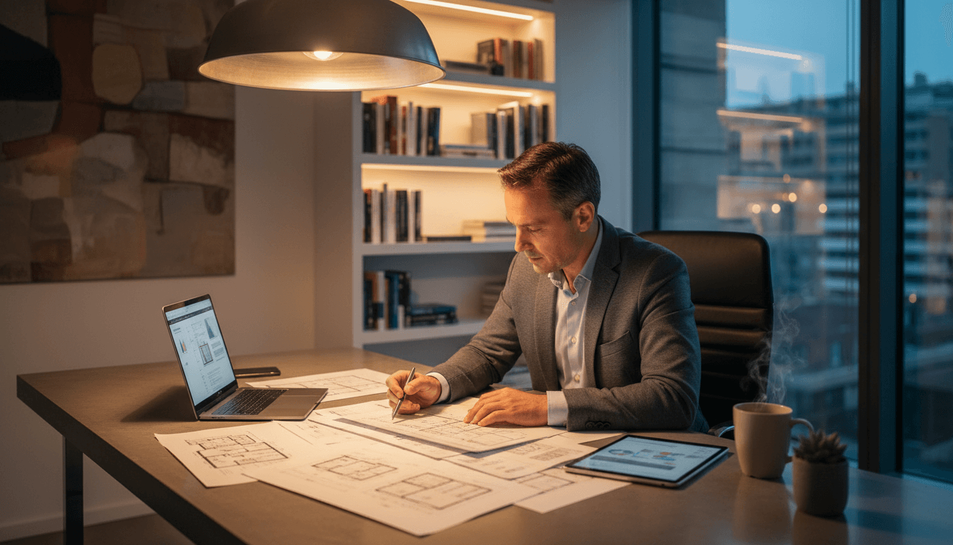 Real estate consultant reviewing property documents at modern desk with warm lighting