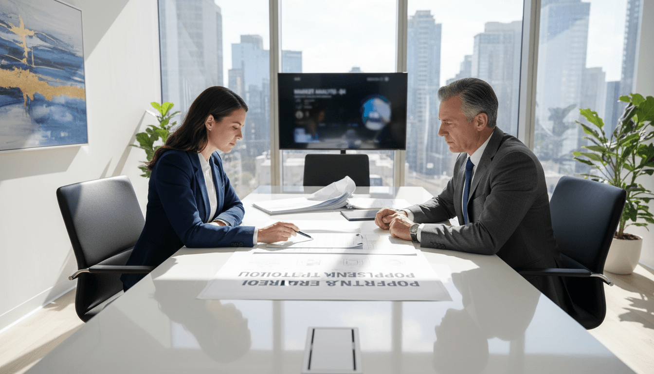 Real estate consultant reviewing documents with an investor in a bright office