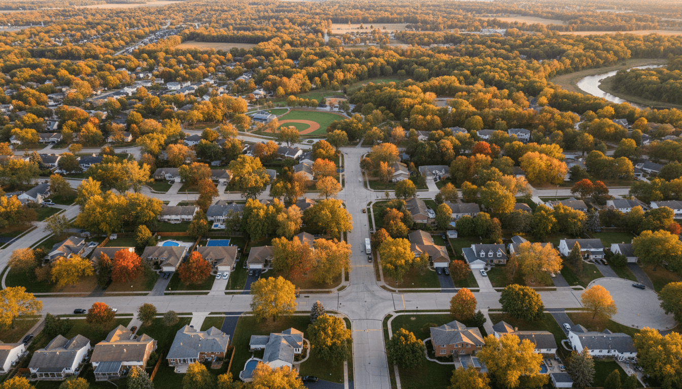 Aerial view of residential houses in a Midwest neighborhood