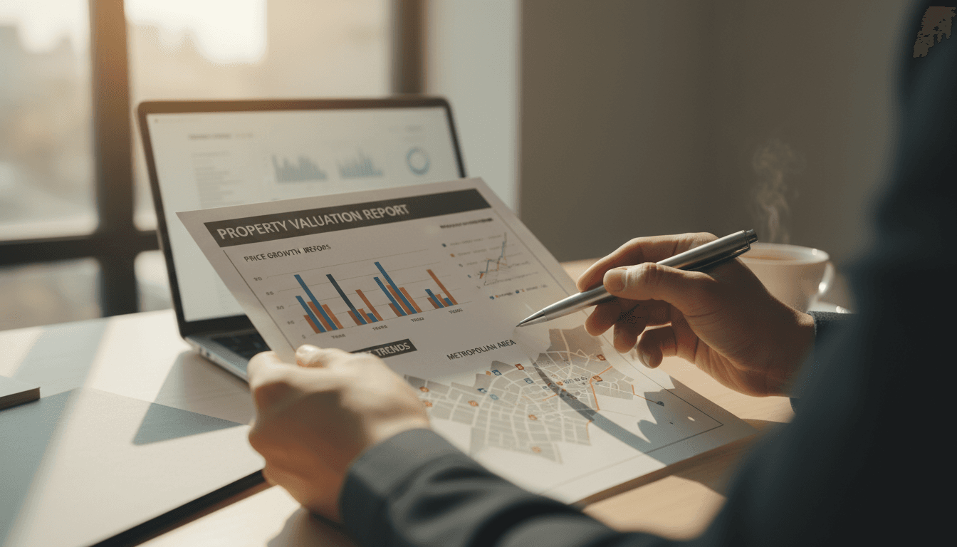 Real estate consultant reviewing property investment analysis documents