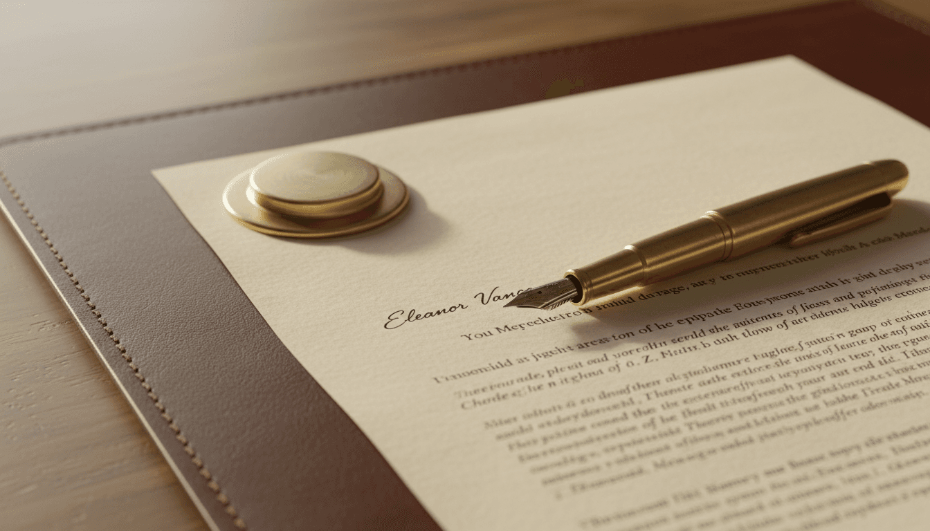Fountain pen resting on a signed legal document on a leather desk