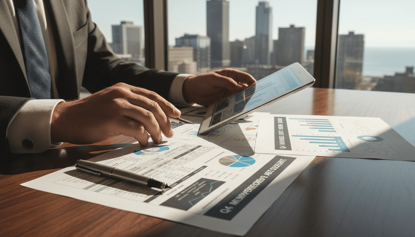 Real estate consultant reviewing investment documents and market analysis