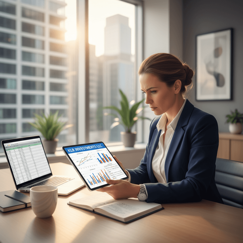 Real estate analyst reviewing property data charts and graphs on a tablet