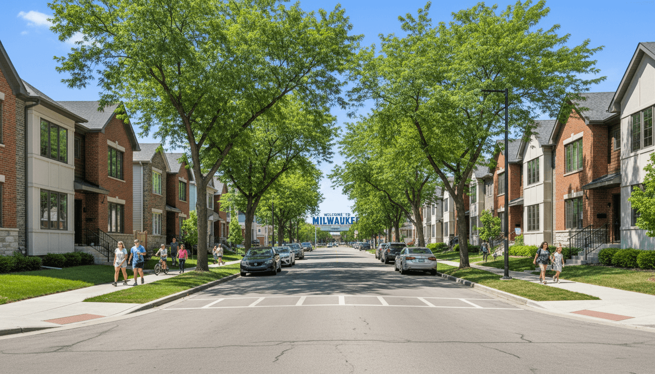 Row of single-family homes on a quiet Milwaukee street with green lawns and mature trees under a clear blue sky