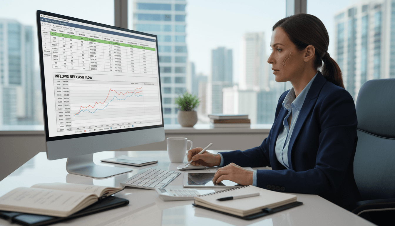 financial planner working on cash flow projections at desk