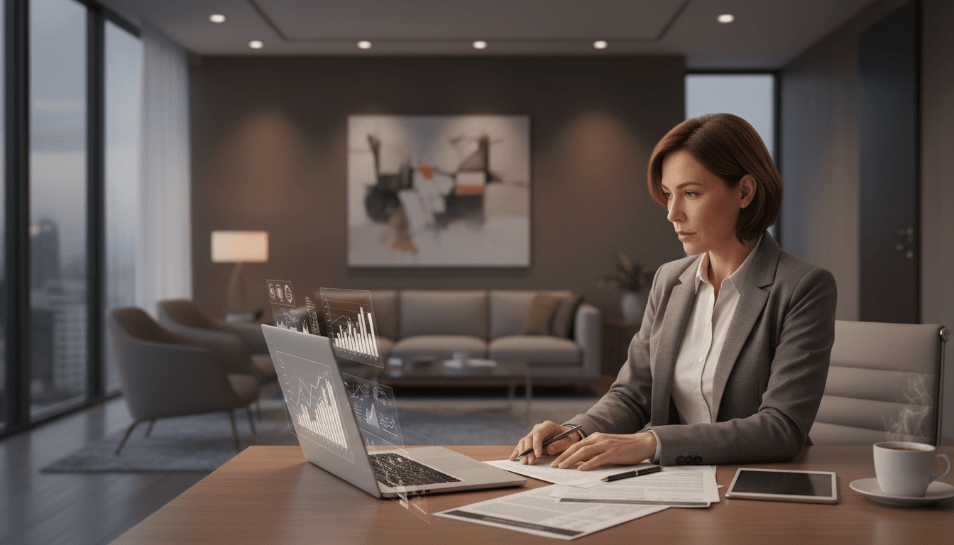 Professional reviewing property documents on a laptop in a modern office