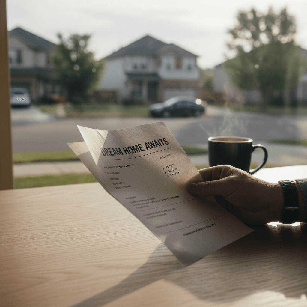 Hand holding a property listing at a desk
