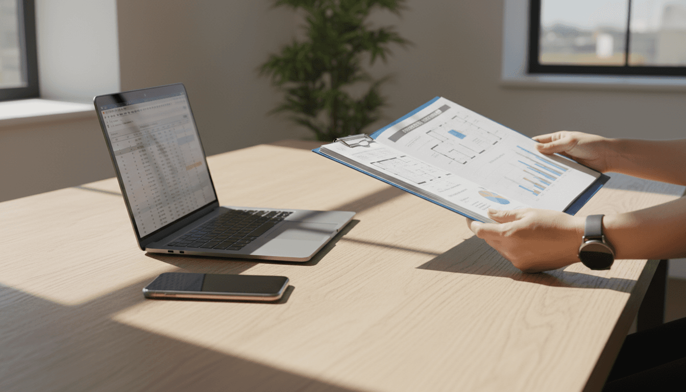 Consultant reviewing property documents at a desk