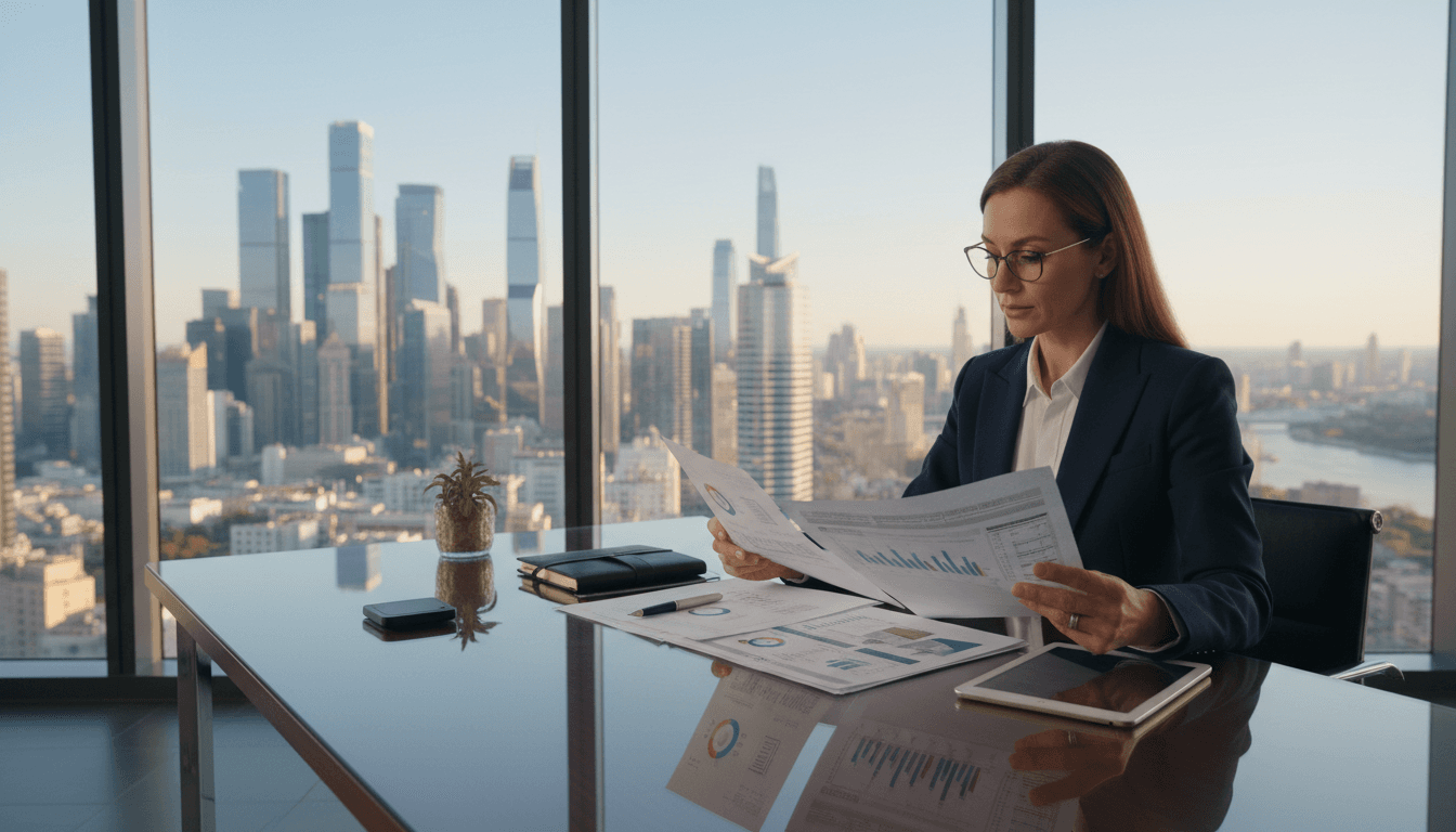 Investor reviewing investment property documents at a desk
