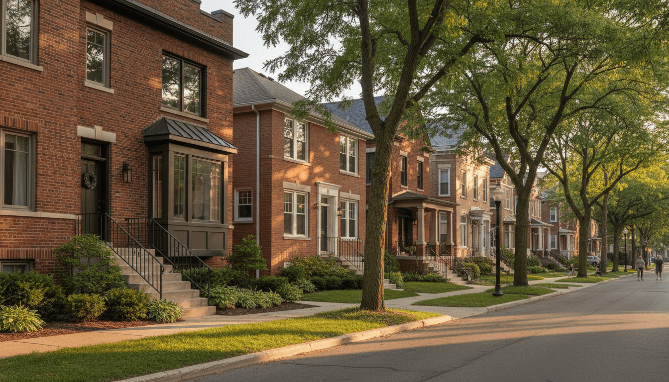 Tree-lined Milwaukee residential street with well-maintained brick homes and established neighborhood character