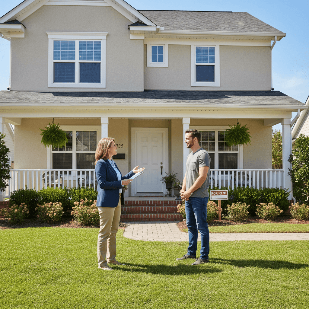 property manager speaking with a tenant at a rental property
