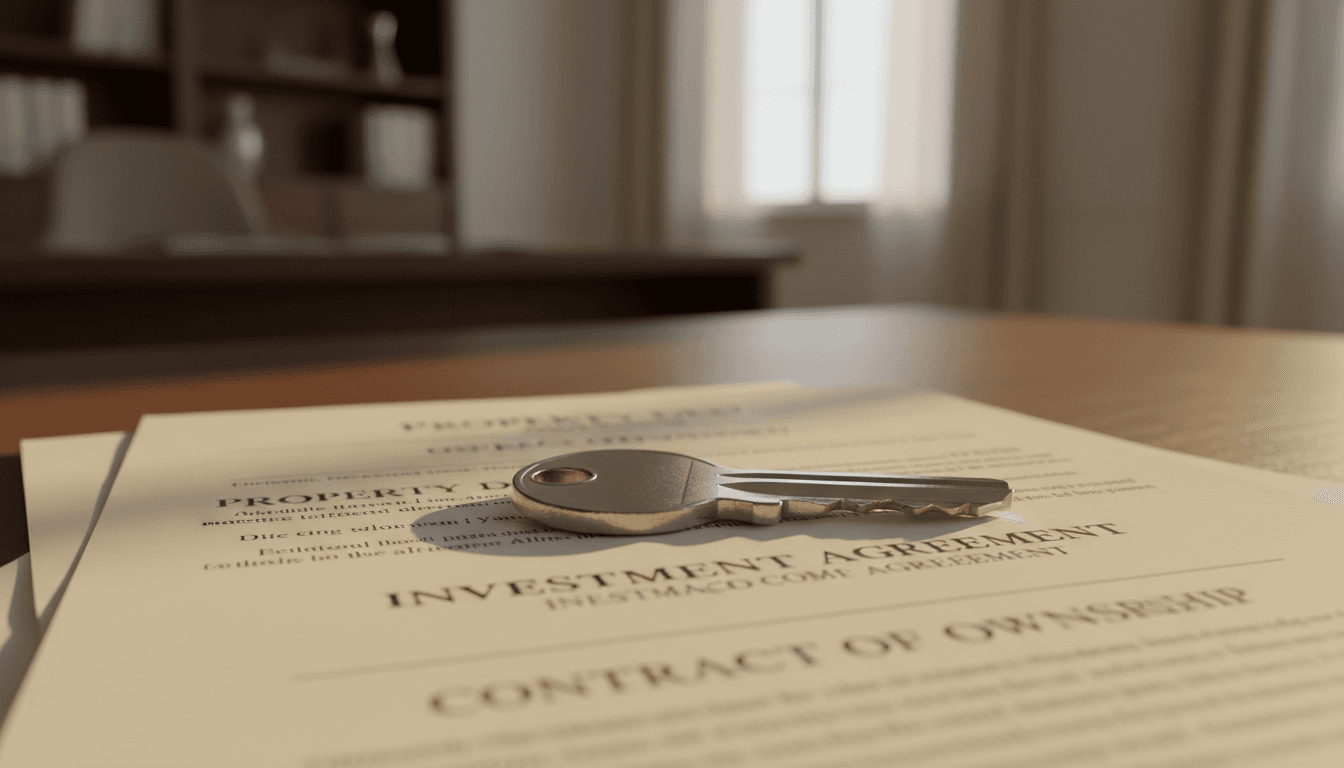 Property key on investment contract symbolizing real estate acquisition