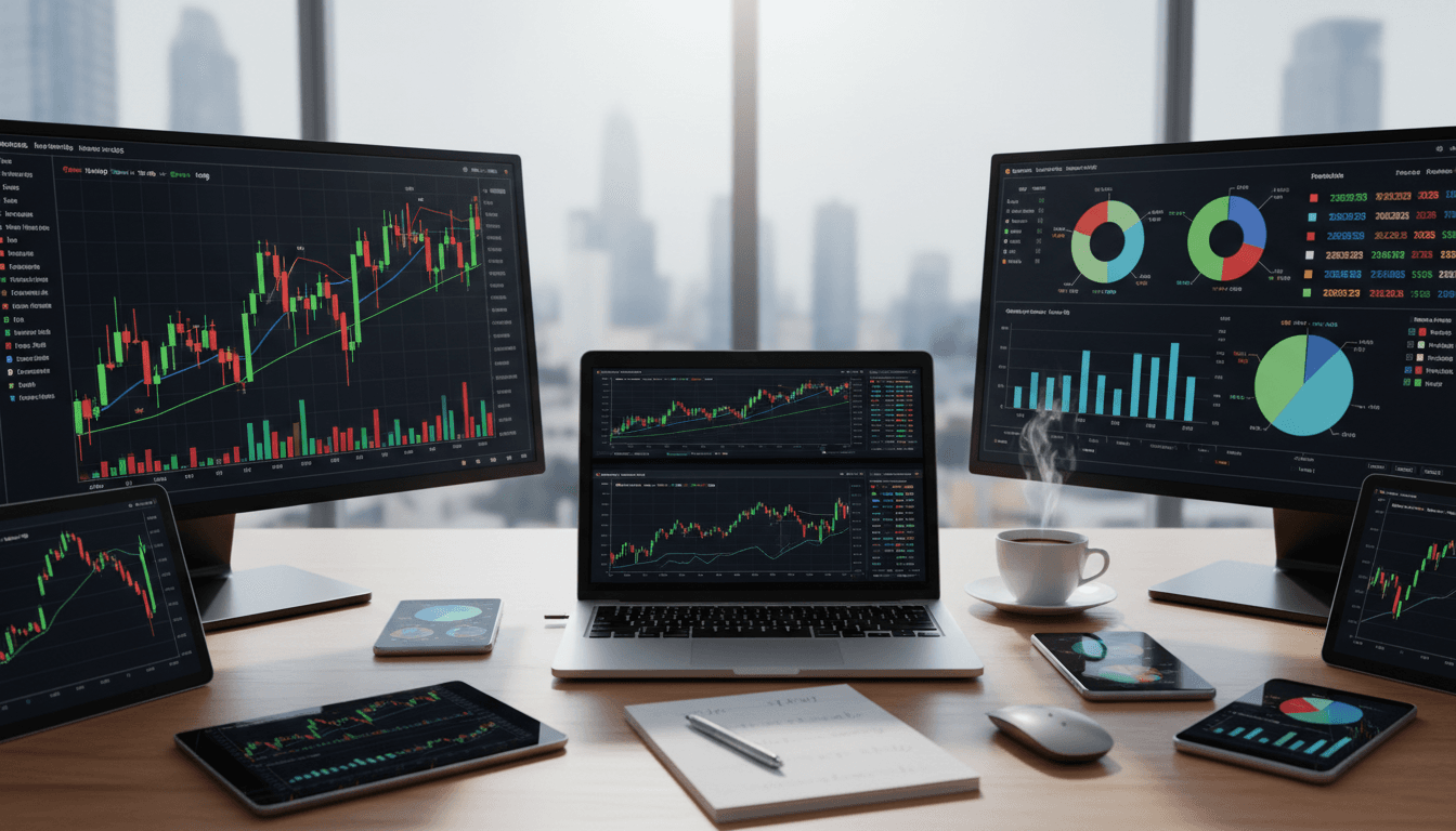 Financial charts on a desk with a laptop