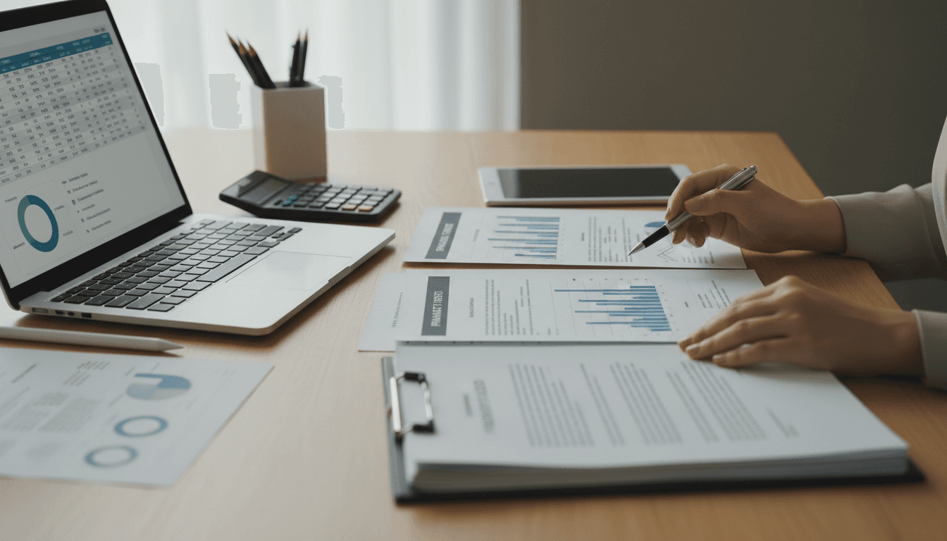 Person reviewing real estate investment papers and financial reports on a bright desk with a laptop and coffee cup nearby