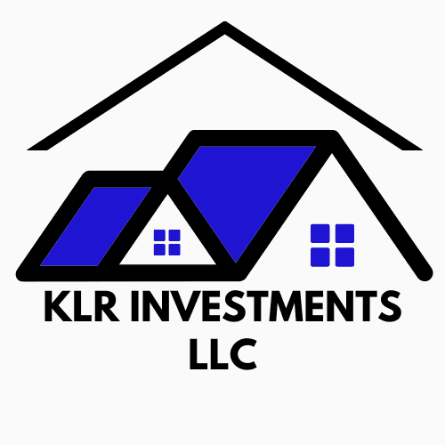 KLR Investments LLC logo featuring stylized blue and black house roofs with small blue windows.